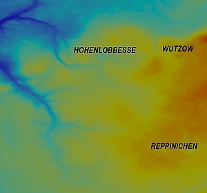 Eine Karte, die in den Farben gelb, orange, hell- und dunkelblau grafisch ein Gebiet mit bestimmten Merkmalen darstellt.