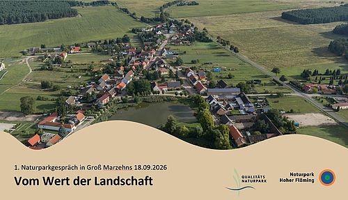 Blick auf Dorf und Landschaft aus Vogelperspektive. Im unteren Bereich eine